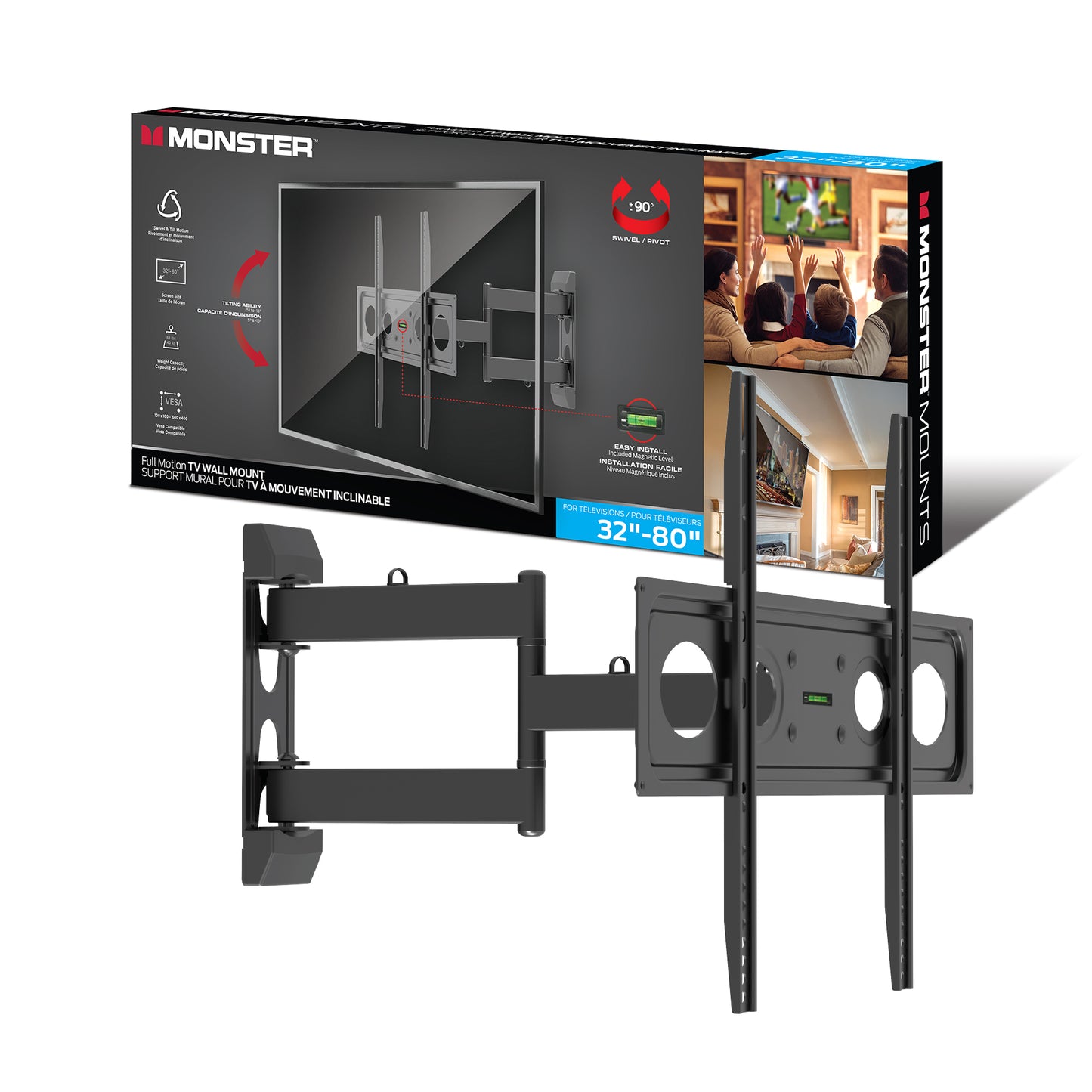 Monster Full Motion TV Mount for 32”-80” TVs up to 88 Lbs., Flat Panel Swivel & Tilt Television Mount