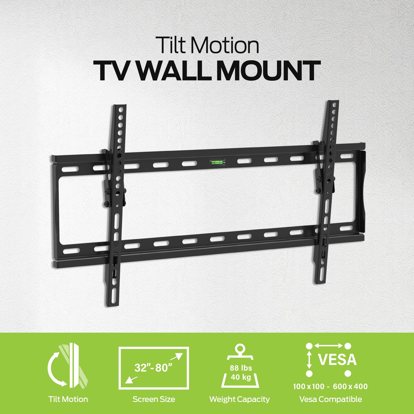 Monster Black Standard Tilt TV Wall Mount for 32" to 80" TVs - 88lb Capacity - Low-Profile 0° to 8° Tilt Adjustment - Includes Magnetic Level - Universal VESA 600x400 Compatible