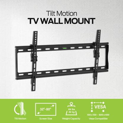 Monster Black Standard Tilt TV Wall Mount for 32" to 80" TVs - 88lb Capacity - Low-Profile 0° to 8° Tilt Adjustment - Includes Magnetic Level - Universal VESA 600x400 Compatible