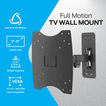 Monster Black Full Motion TV Wall Mount for 13"-42" Flat Screens | Swivel, Tilt, Articulating | Max 55 lbs | VESA 200x200