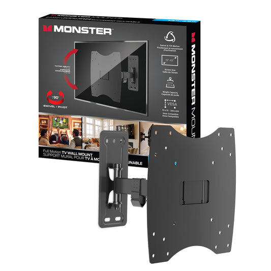 Monster Black Full Motion TV Wall Mount for 13"-42" Flat Screens | Swivel, Tilt, Articulating | Max 55 lbs | VESA 200x200