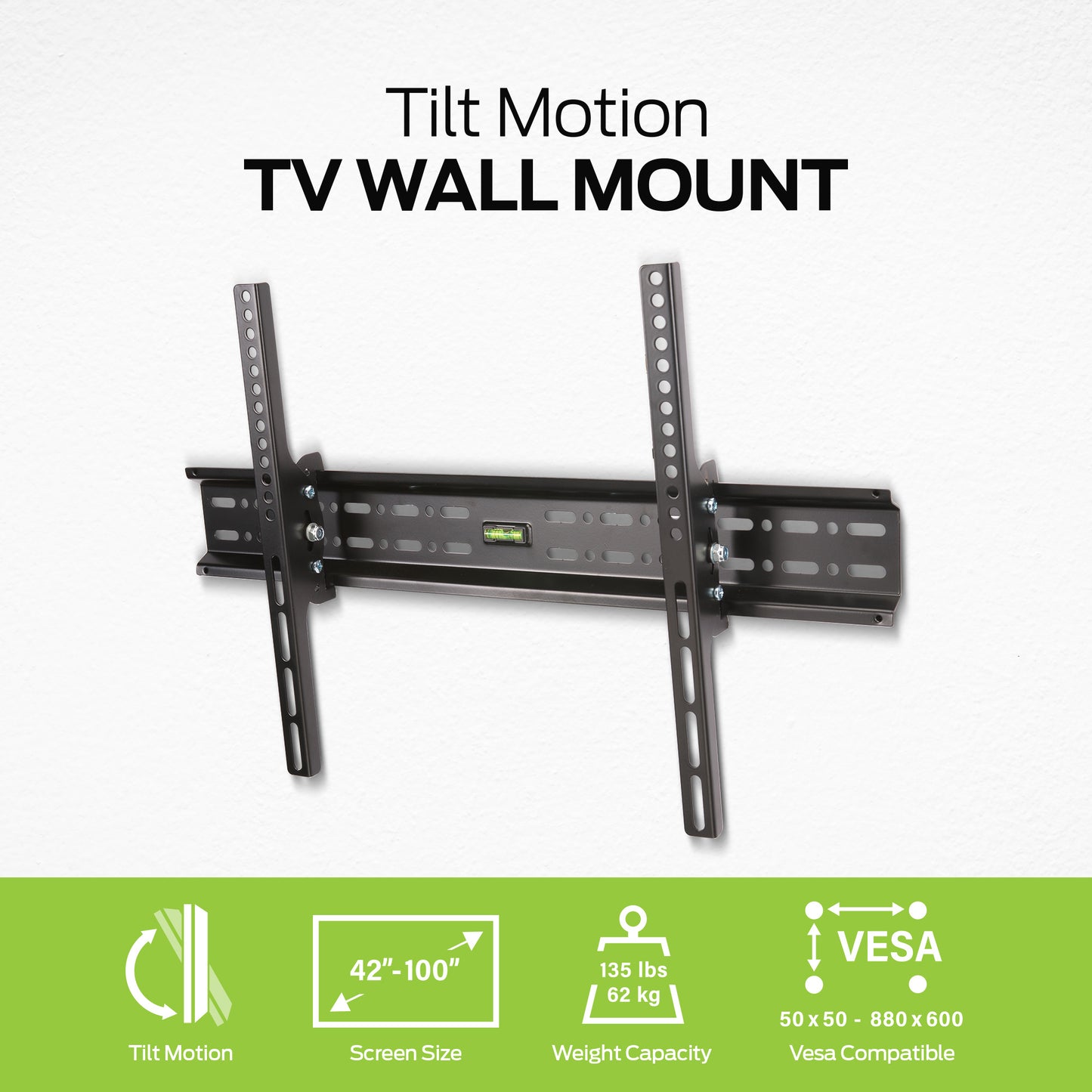 Black Large Tilt TV Wall Mount - Fits 42" to 90" TVs, 135 lbs Capacity, VESA 880x600, Integrated Magnetic Level