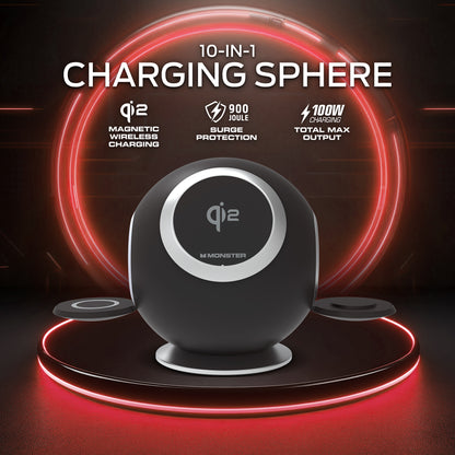 10-in-1 Wireless Charging Sphere Compatible with iPhone, Apple Watch, AirPods, 3x AC Outlets, 2x USB-C, 2x USB-A, Magnetic Base Power Station
