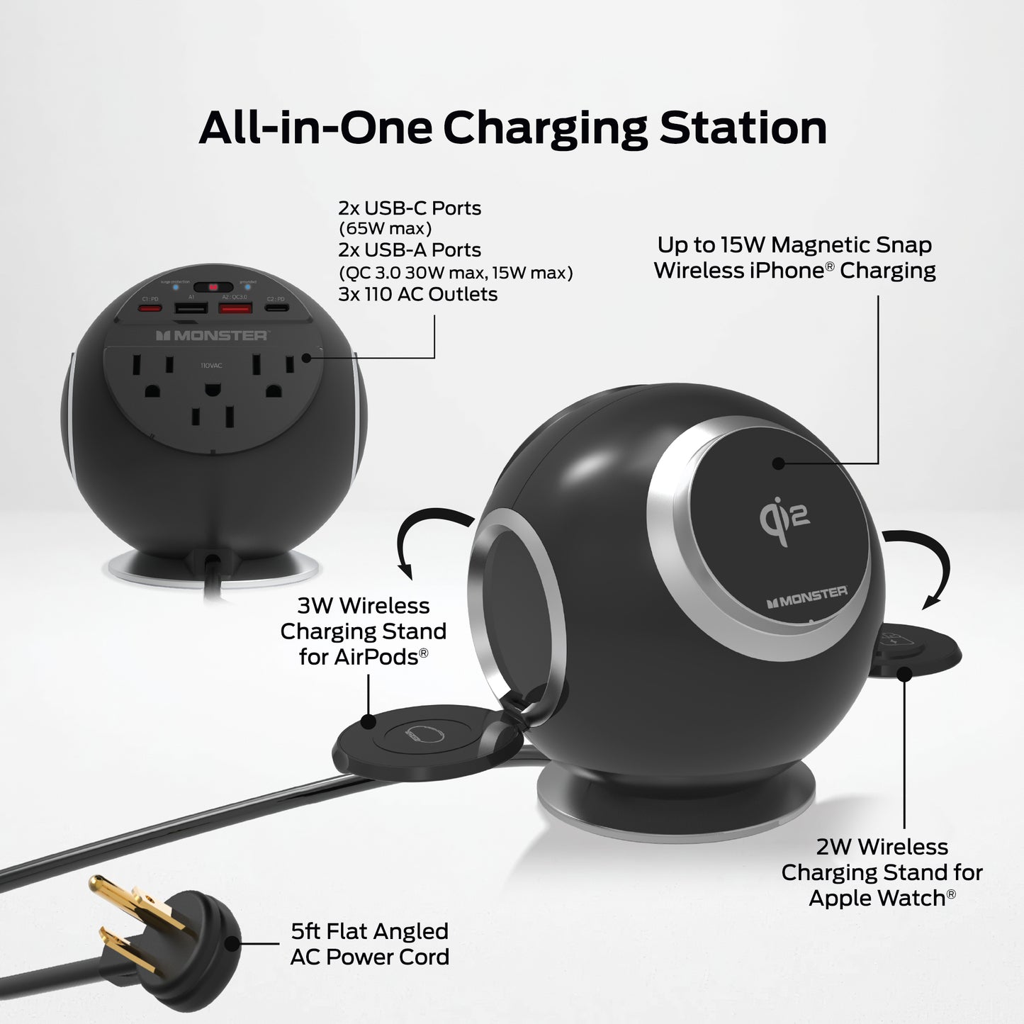 10-in-1 Wireless Charging Sphere Compatible with iPhone, Apple Watch, AirPods, 3x AC Outlets, 2x USB-C, 2x USB-A, Magnetic Base Power Station