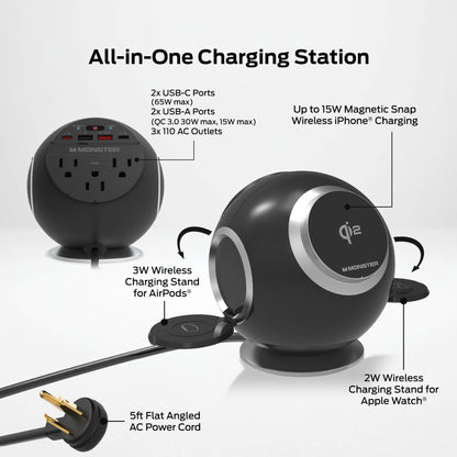 10-in-1 Wireless Charging Sphere Compatible with iPhone, Apple Watch, AirPods, 3x AC Outlets, 2x USB-C, 2x USB-A, Magnetic Base Power Station