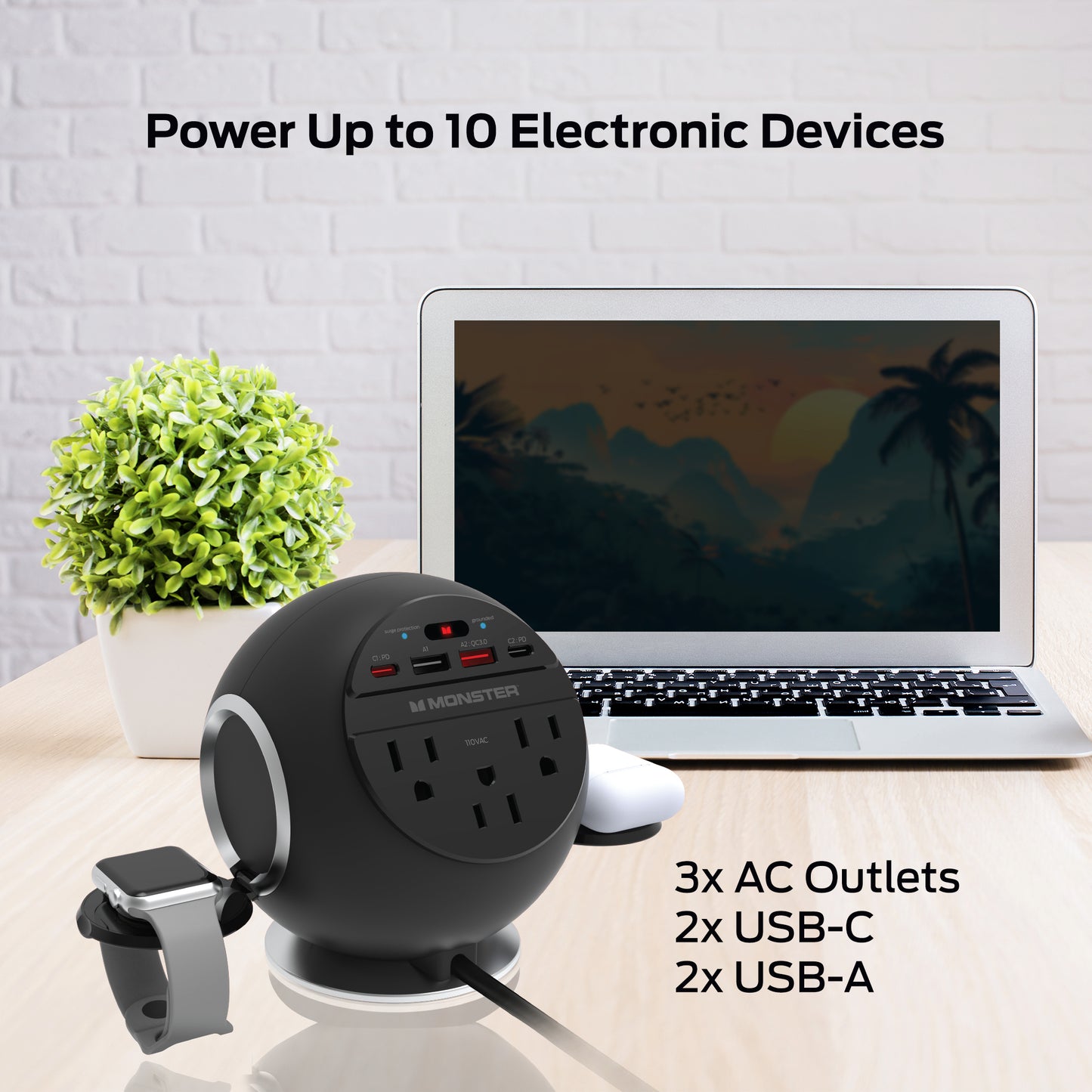 10-in-1 Wireless Charging Sphere Compatible with iPhone, Apple Watch, AirPods, 3x AC Outlets, 2x USB-C, 2x USB-A, Magnetic Base Power Station