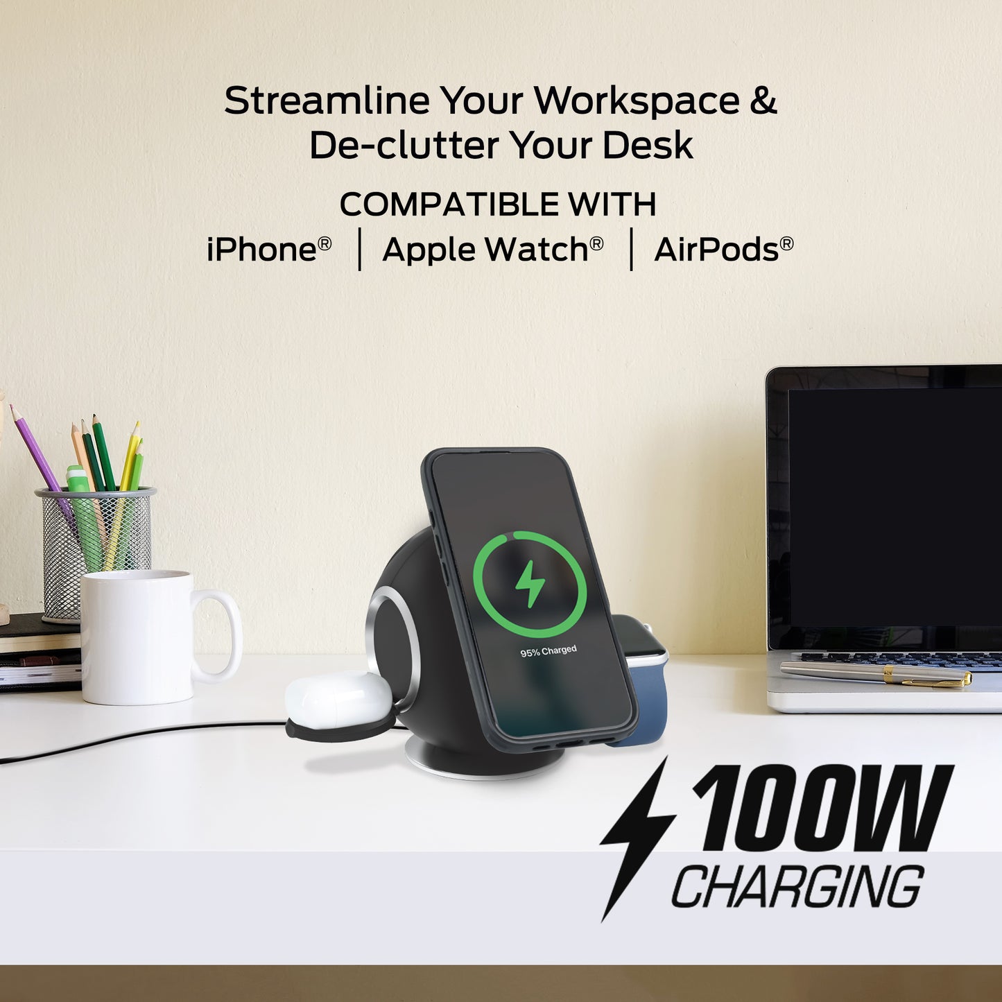 10-in-1 Wireless Charging Sphere Compatible with iPhone, Apple Watch, AirPods, 3x AC Outlets, 2x USB-C, 2x USB-A, Magnetic Base Power Station