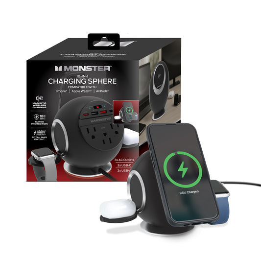10-in-1 Wireless Charging Sphere Compatible with iPhone, Apple Watch, AirPods, 3x AC Outlets, 2x USB-C, 2x USB-A, Magnetic Base Power Station