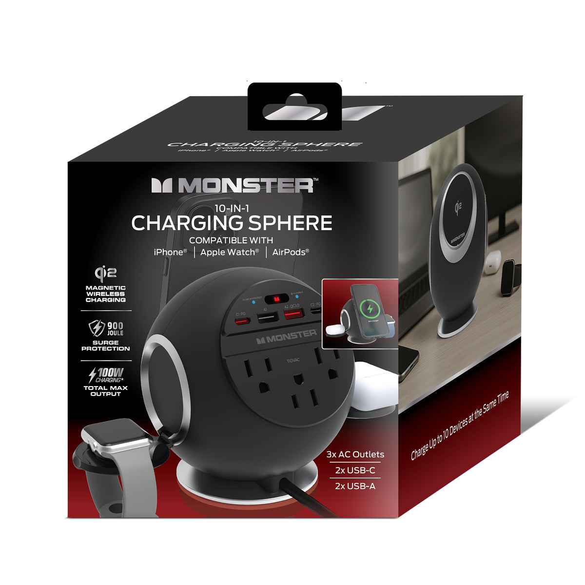 10-in-1 Charging Sphere Desktop Charging Station with Qi2 Magnetic Wireless Charging, 3 AC Outlets, 2 USB-C, 2 USB-A