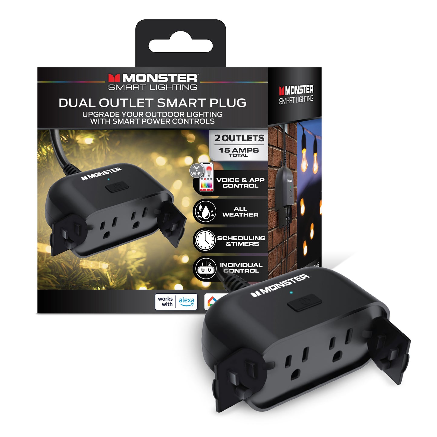 Monster Smart Dual Outdoor Plug with Wi-Fi, Weather-Resistant, 2 Outlets Compatible with Alexa & Google Home