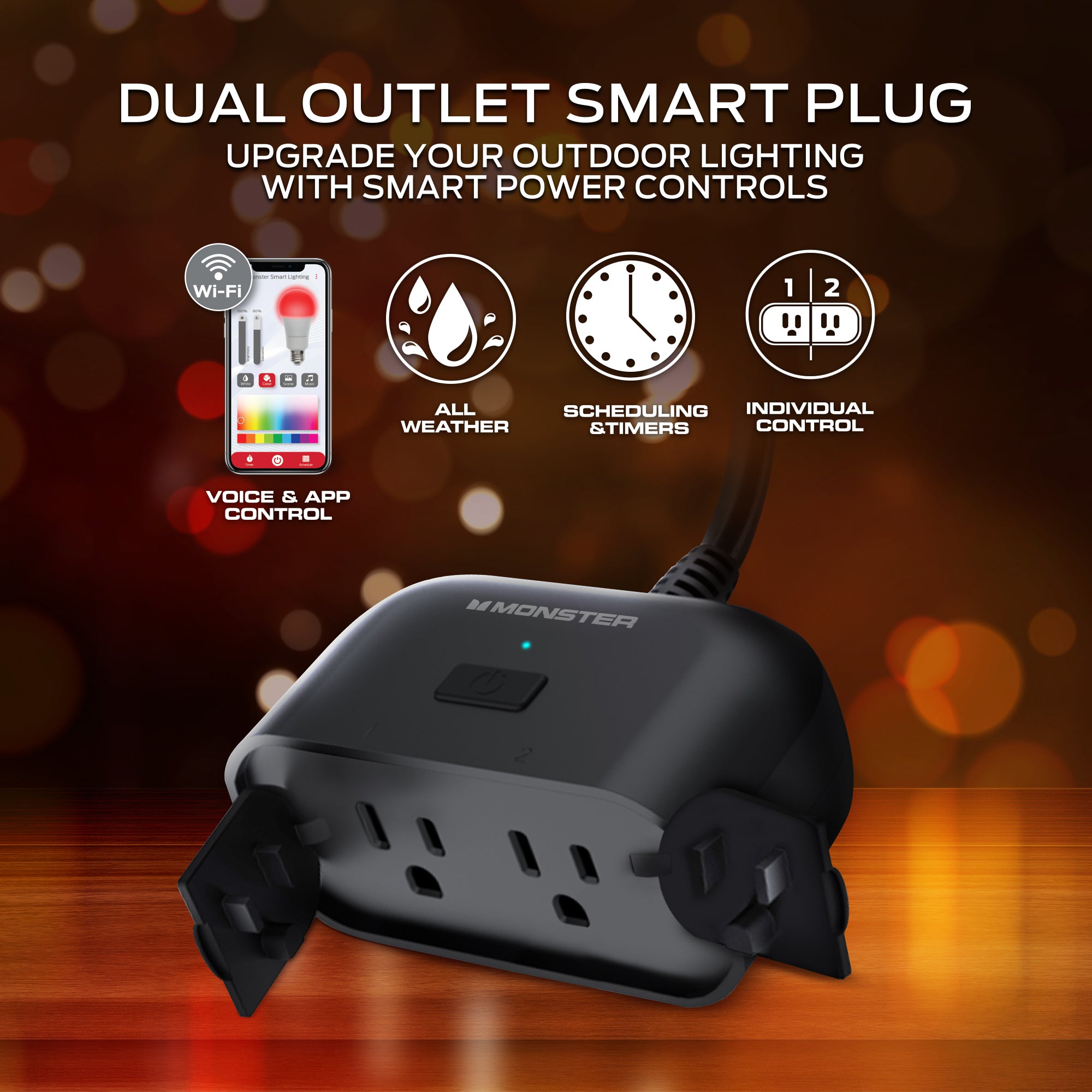 Monster Smart Dual Outdoor Plug with Wi-Fi, Weather-Resistant, 2
