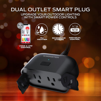 Monster Smart Dual Outdoor Plug with Wi-Fi, Weather-Resistant, 2 Outlets Compatible with Alexa & Google Home