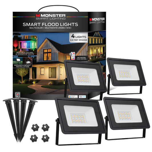 Monster Smart Outdoor Flood Lights (4 Pack), WiFi Color Changing LED Landscape Lights, Multi-Color + Warm White, App & Voice Control, Waterproof, Music Sync, Works with Alexa & Google