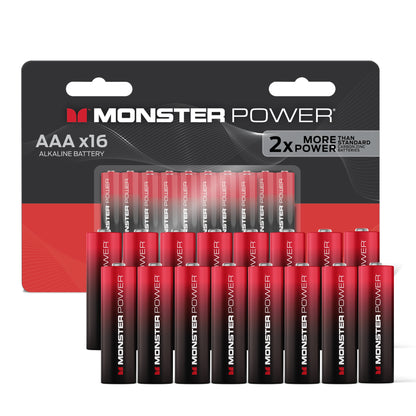 Monster Power 16 AAA Alkaline Batteries, 1.5V LR03 Triple A Battery, Long-Lasting Leak-Resistant Power for Remotes, Toys, Flashlights & Wireless Devices
