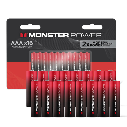 Monster Power 16 AAA Alkaline Batteries, 1.5V LR03 Triple A Battery, Long-Lasting Leak-Resistant Power for Remotes, Toys, Flashlights & Wireless Devices