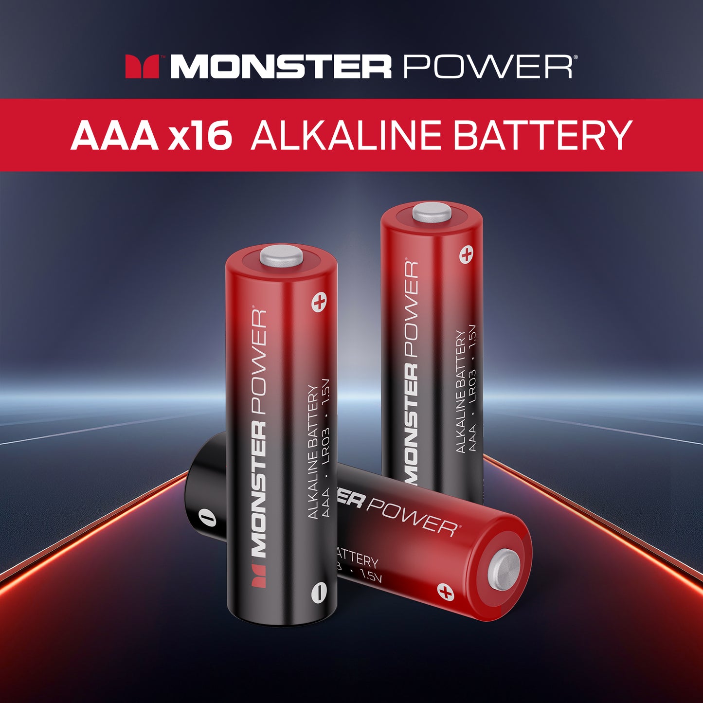 Monster Power 16 AAA Alkaline Batteries, 1.5V LR03 Triple A Battery, Long-Lasting Leak-Resistant Power for Remotes, Toys, Flashlights & Wireless Devices