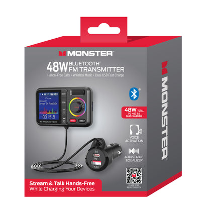 Monster Bluetooth FM Transmitter for Car, 48W Dual USB Fast Charger, PD 30W USB-C & QC 3.0 USB-A, Hands-Free Calling