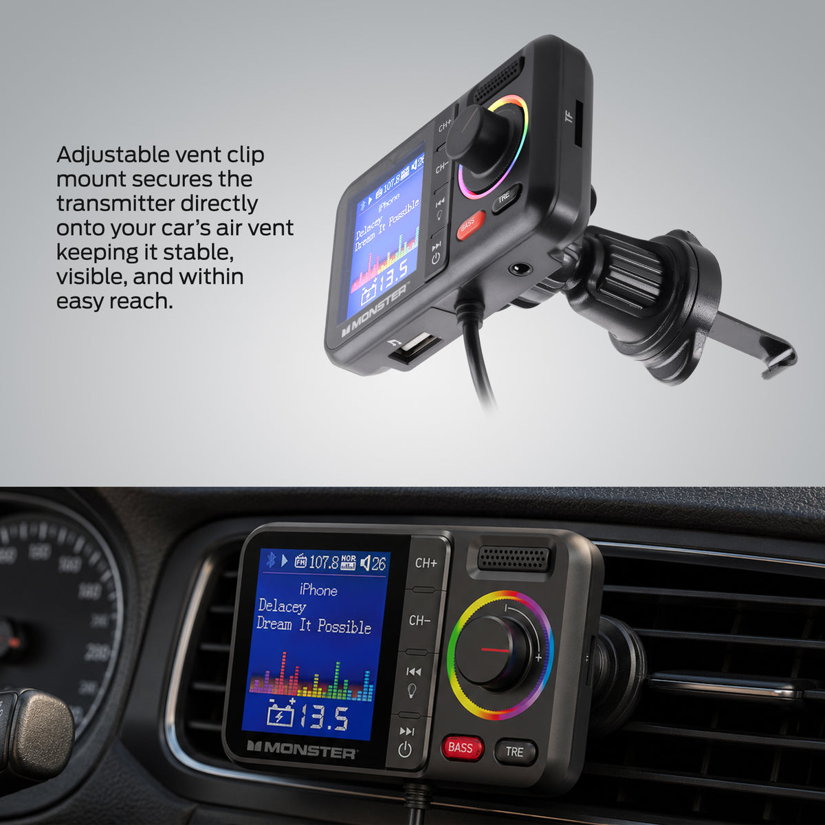 Monster Bluetooth FM Transmitter for Car, 48W Dual USB Fast Charger, PD 30W USB-C & QC 3.0 USB-A, Hands-Free Calling