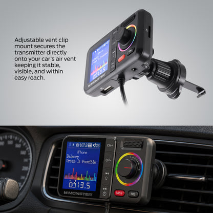 Monster Bluetooth FM Transmitter for Car, 48W Dual USB Fast Charger, PD 30W USB-C & QC 3.0 USB-A, Hands-Free Calling