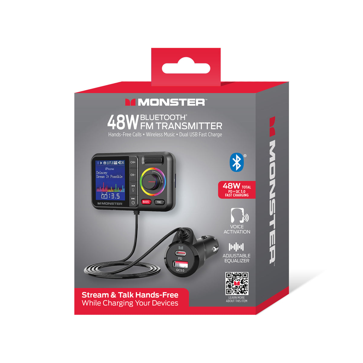 Monster Bluetooth FM Transmitter for Car, 48W Dual USB Fast Charger, PD 30W USB-C & QC 3.0 USB-A, Hands-Free Calling