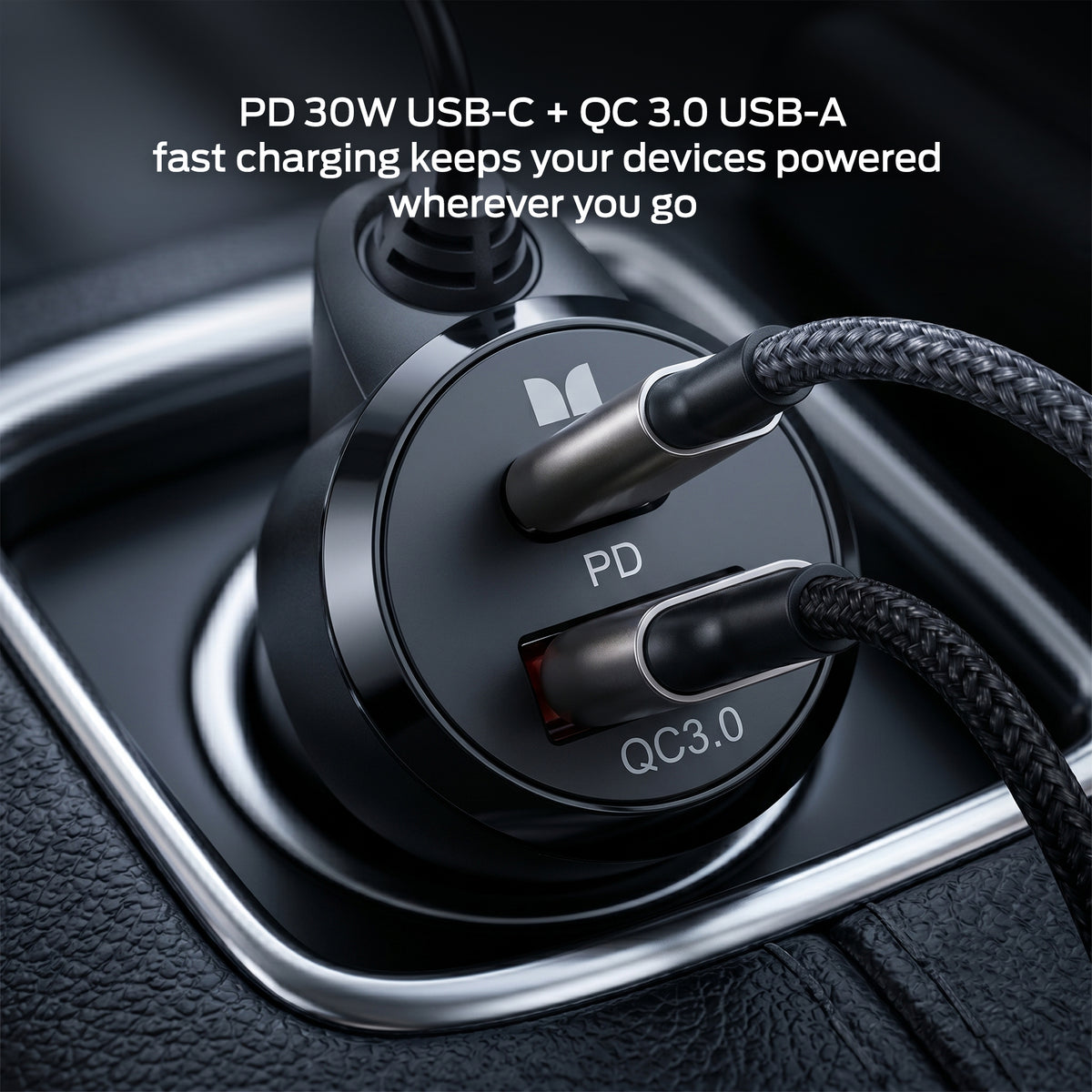 Monster Bluetooth FM Transmitter for Car, 48W Dual USB Fast Charger, PD 30W USB-C & QC 3.0 USB-A, Hands-Free Calling