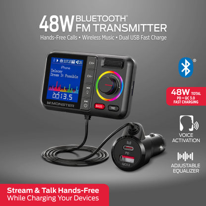 Monster Bluetooth FM Transmitter for Car, 48W Dual USB Fast Charger, PD 30W USB-C & QC 3.0 USB-A, Hands-Free Calling