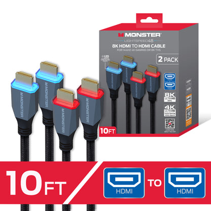 Monster 8K HDMI Cable 2 Pack 10 ft, Ultra High Speed HDMI 2.1 Cords with LED Illuminated Connectors, 48Gbps, 8K 60Hz & 4K 144Hz Gaming
