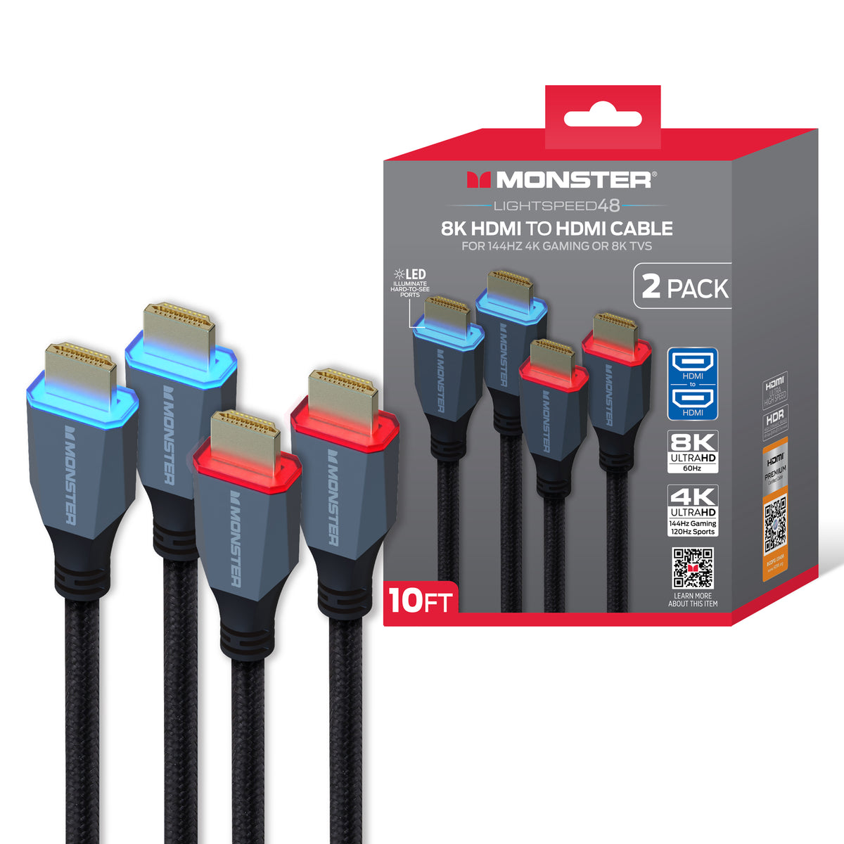 Monster 8K HDMI Cable 2 Pack 10 ft, Ultra High Speed HDMI 2.1 Cords with LED Illuminated Connectors, 48Gbps, 8K 60Hz & 4K 144Hz Gaming