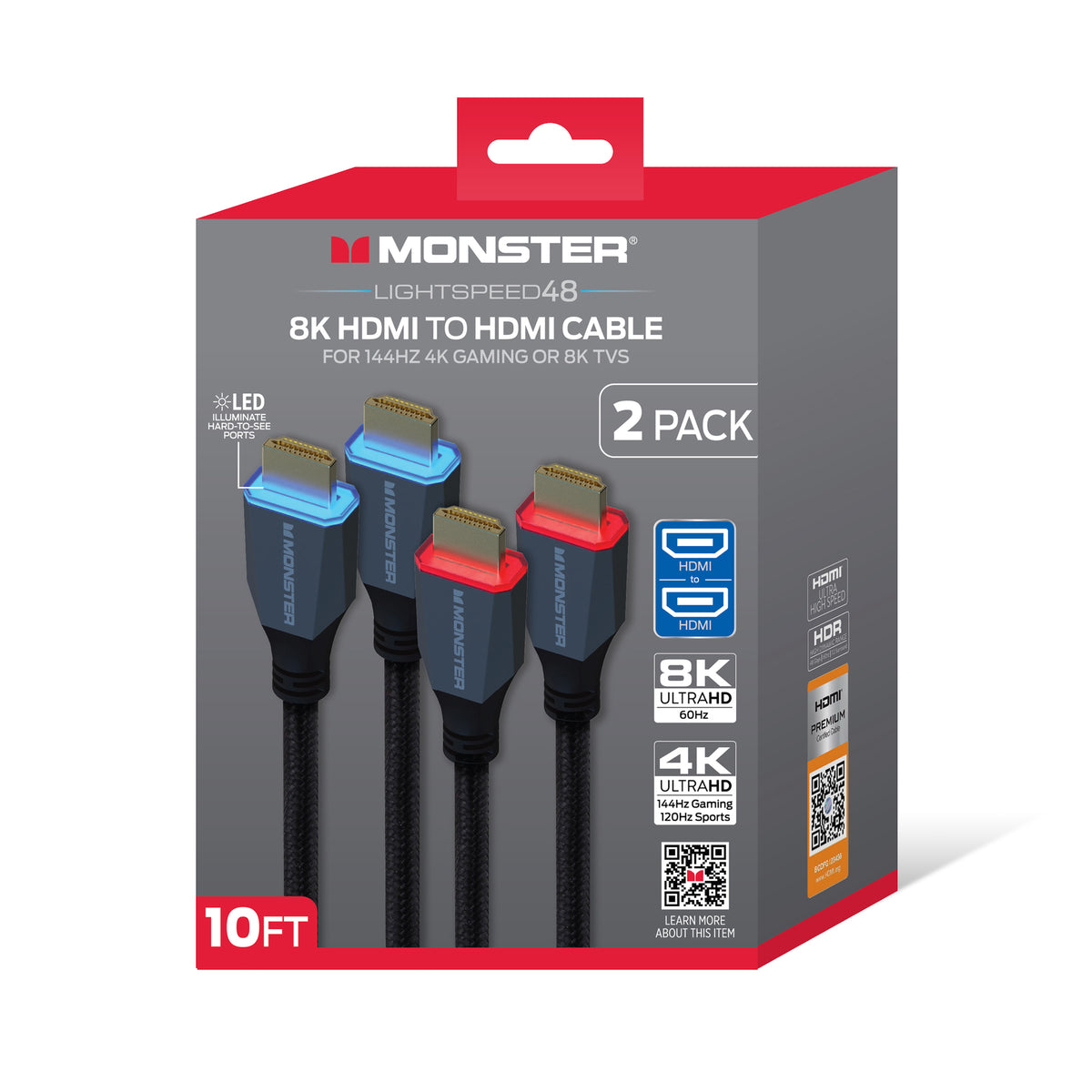 Monster 8K HDMI Cable 2 Pack 10 ft, Ultra High Speed HDMI 2.1 Cords with LED Illuminated Connectors, 48Gbps, 8K 60Hz & 4K 144Hz Gaming