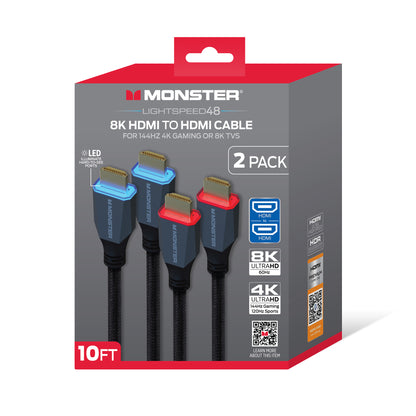 Monster 8K HDMI Cable 2 Pack 10 ft, Ultra High Speed HDMI 2.1 Cords with LED Illuminated Connectors, 48Gbps, 8K 60Hz & 4K 144Hz Gaming