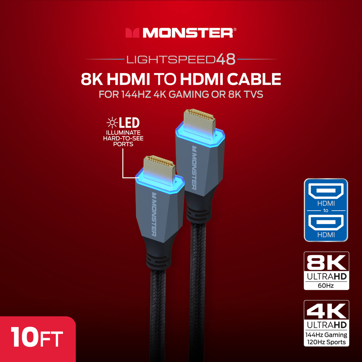Monster 8K HDMI Cable 2 Pack 10 ft, Ultra High Speed HDMI 2.1 Cords with LED Illuminated Connectors, 48Gbps, 8K 60Hz & 4K 144Hz Gaming