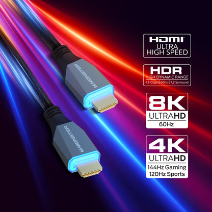 Monster 8K HDMI Cable 2 Pack 10 ft, Ultra High Speed HDMI 2.1 Cords with LED Illuminated Connectors, 48Gbps, 8K 60Hz & 4K 144Hz Gaming