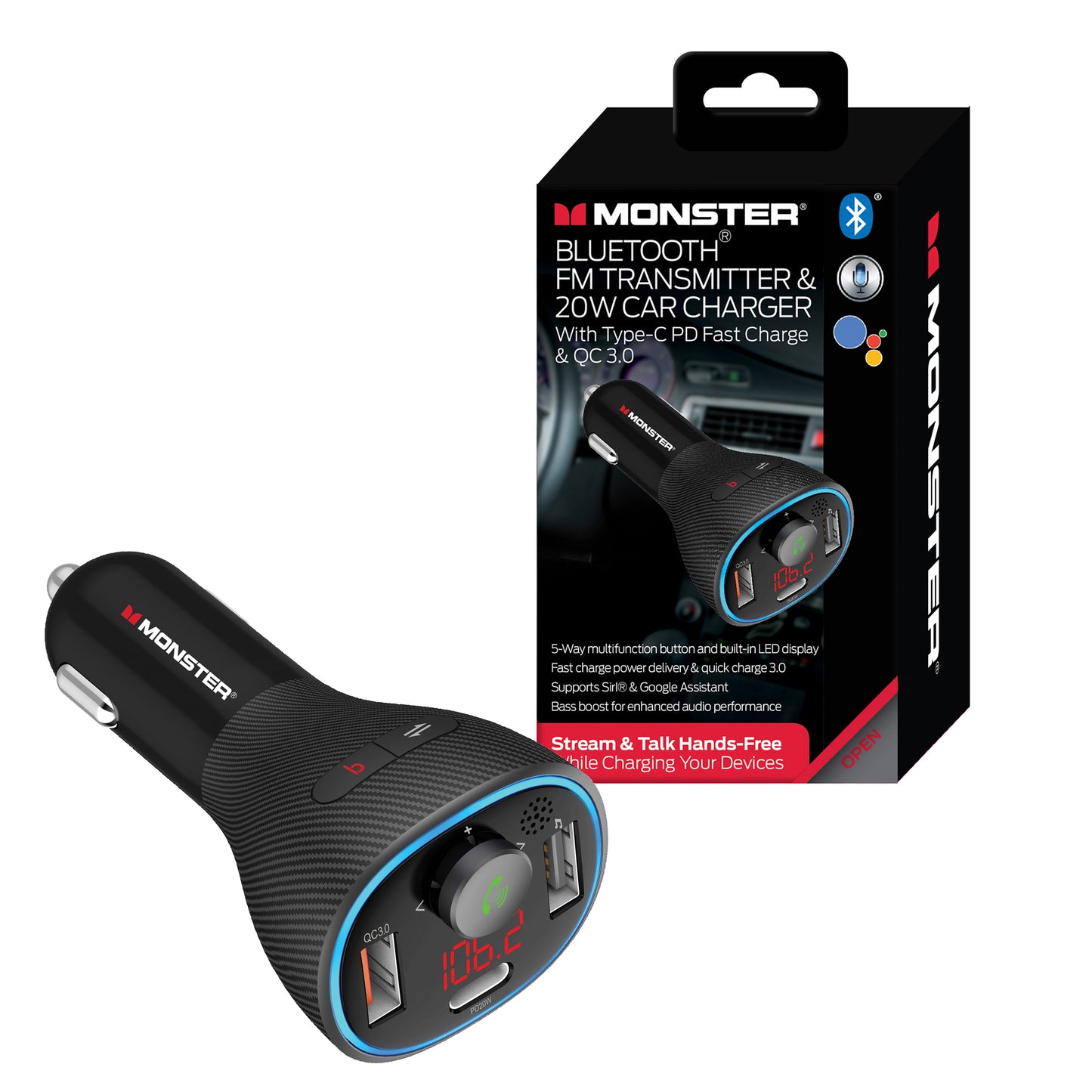 Bluetooth FM Transmitter and 20W Car Charger, Ports For USB/Type-C Devices