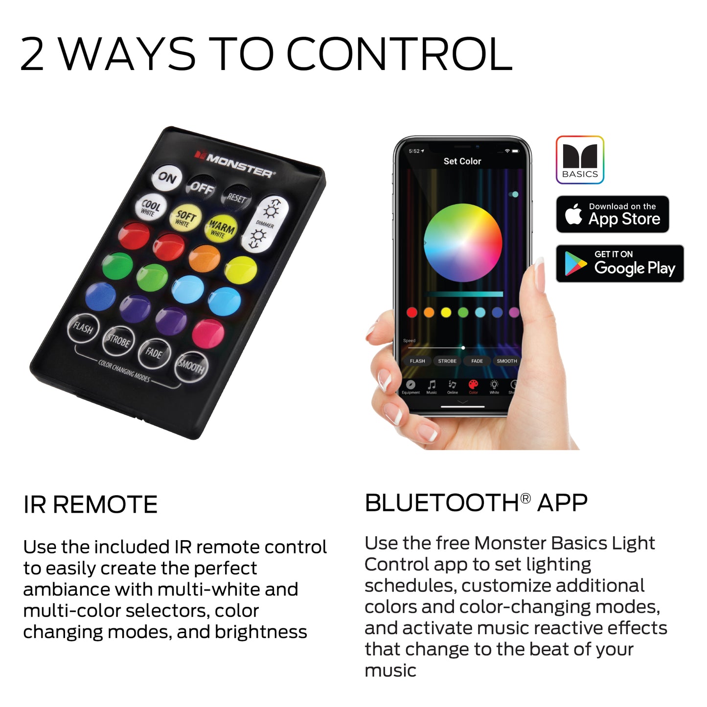 Bluetooth Multi-Color Multi-White LED Light Bar with Multi-Position Base, Mobile App and IR Remote Control