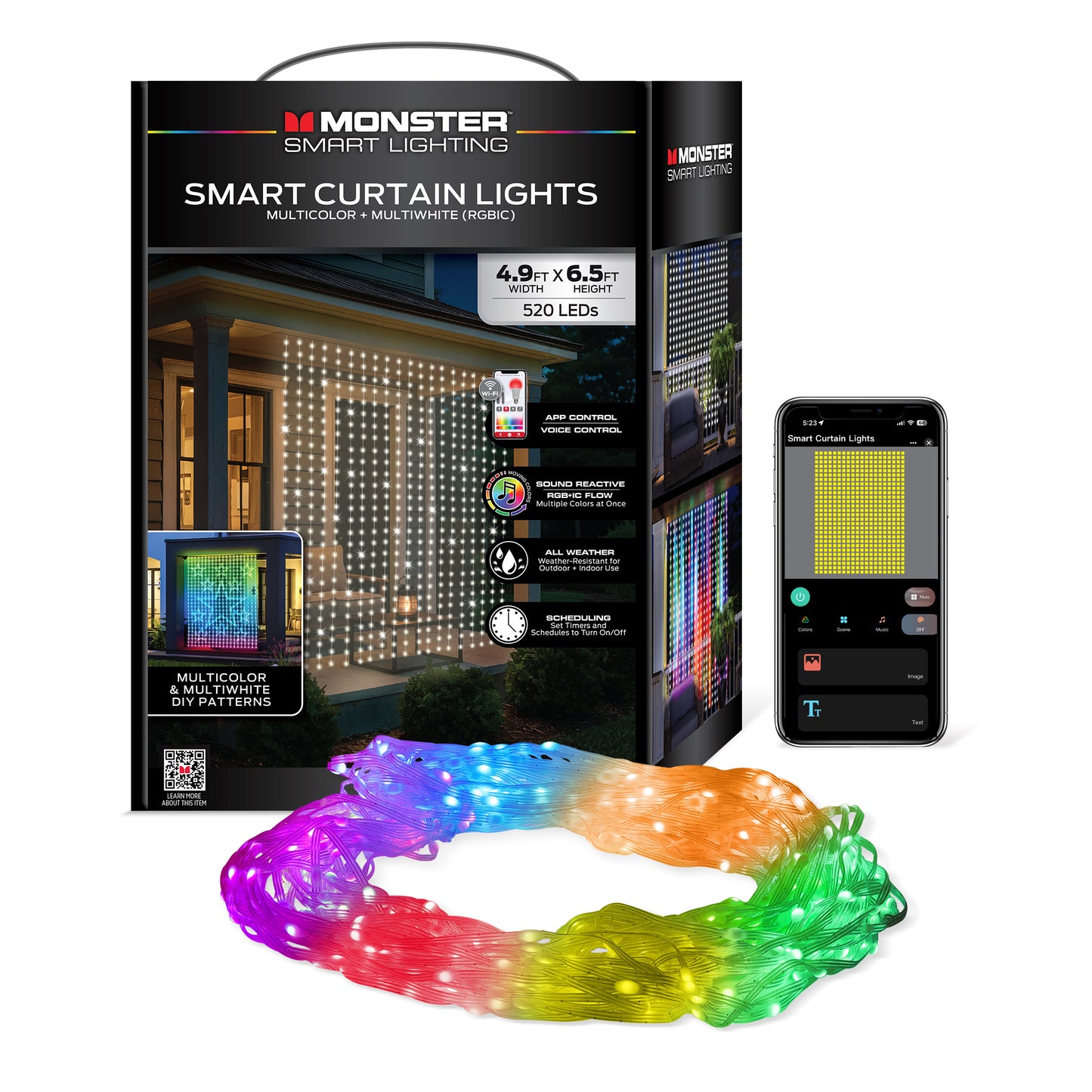 Monster Smart Outdoor Curtain Light Display 4.9ft x 6.5ft Multiwhite Multicolor