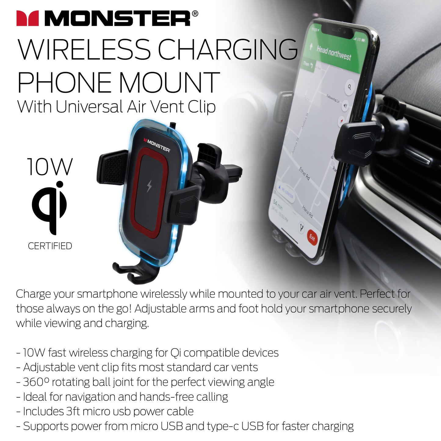 Wireless 10W Charging Phone Vent Mount