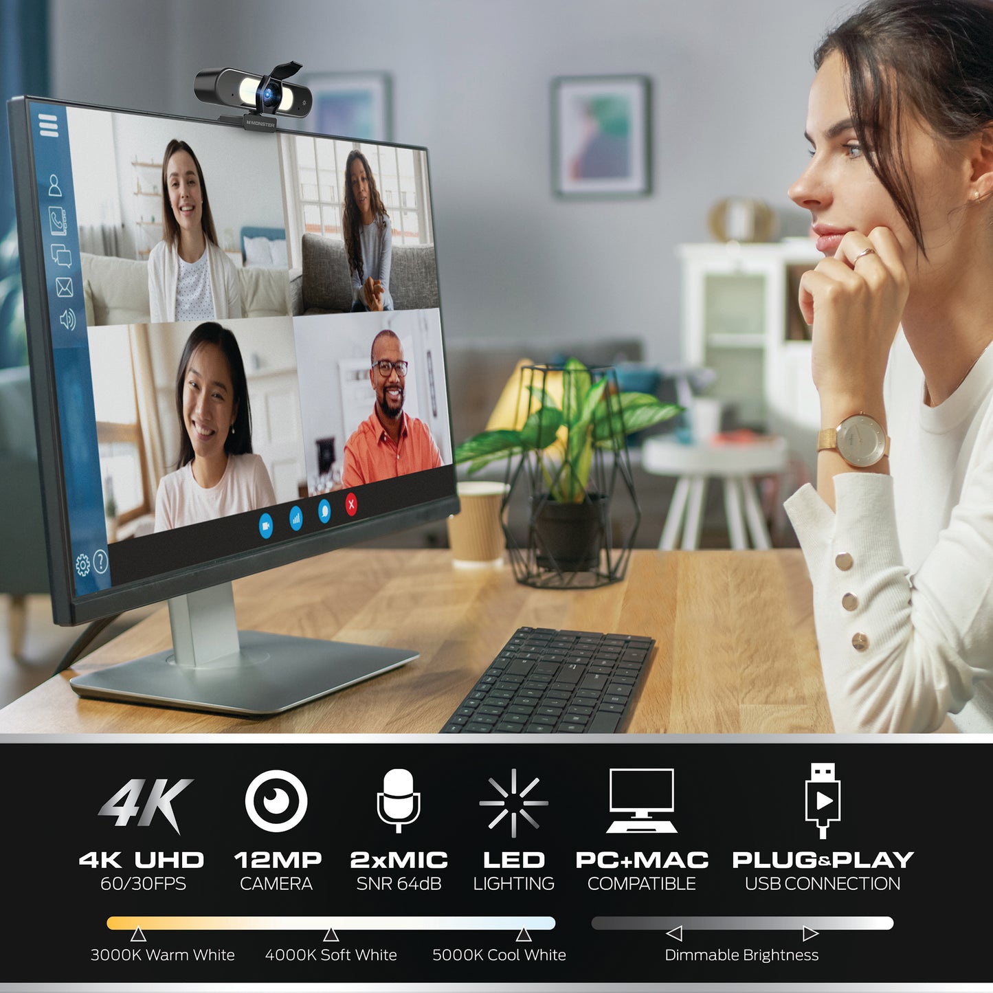Premium 4K Insight Focus UHD Webcam, Flexible Tripod Included