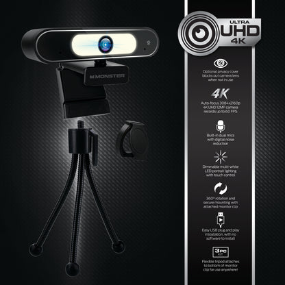 Premium 4K Insight Focus UHD Webcam, Flexible Tripod Included