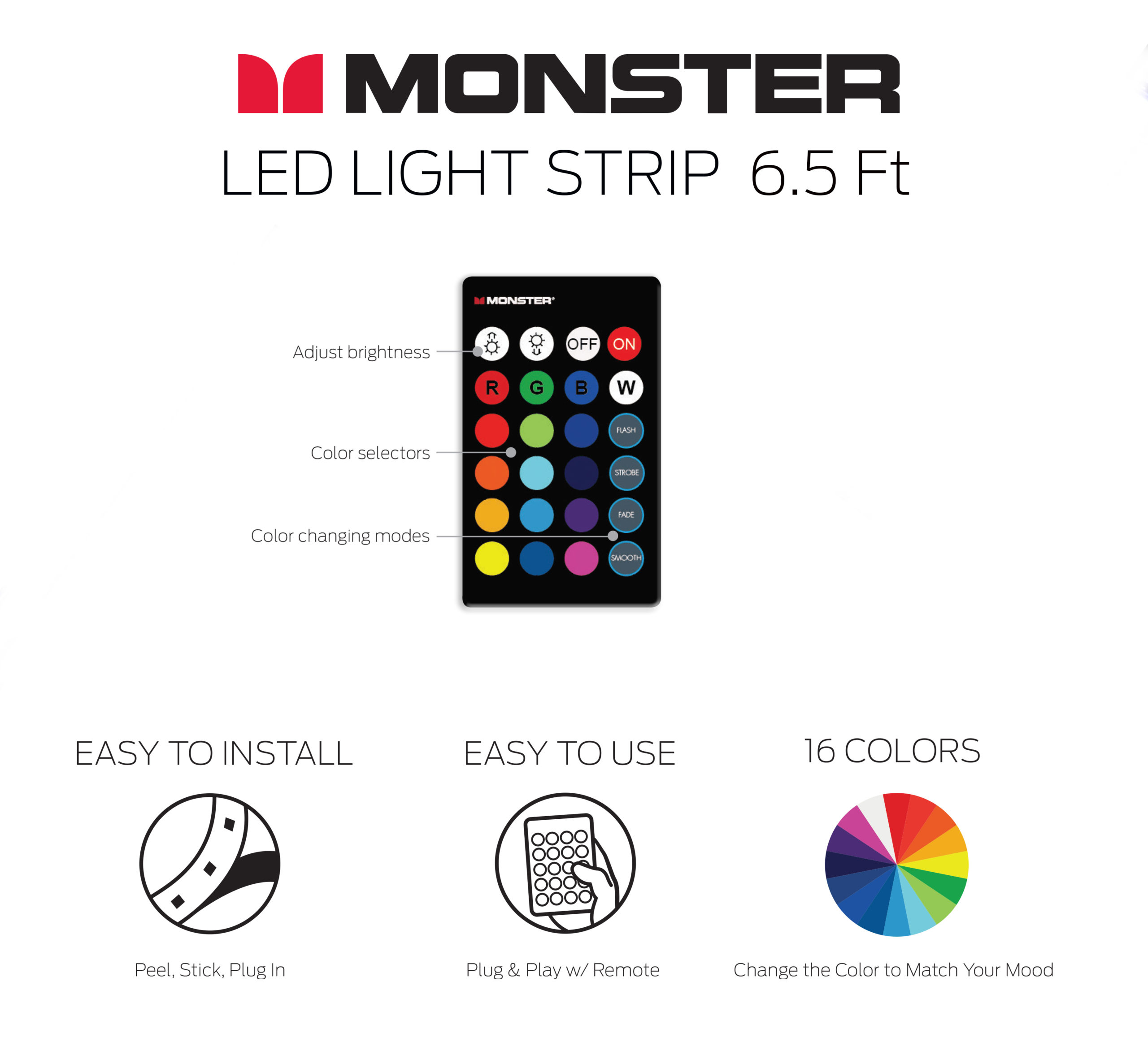 Monster 6.5-Foot Color-Changing LED Strip, Multiple Combinations and Modifications, Remote 5-Volt USB Port Power Charge, Easy Stick Installation - Monster Illuminessence