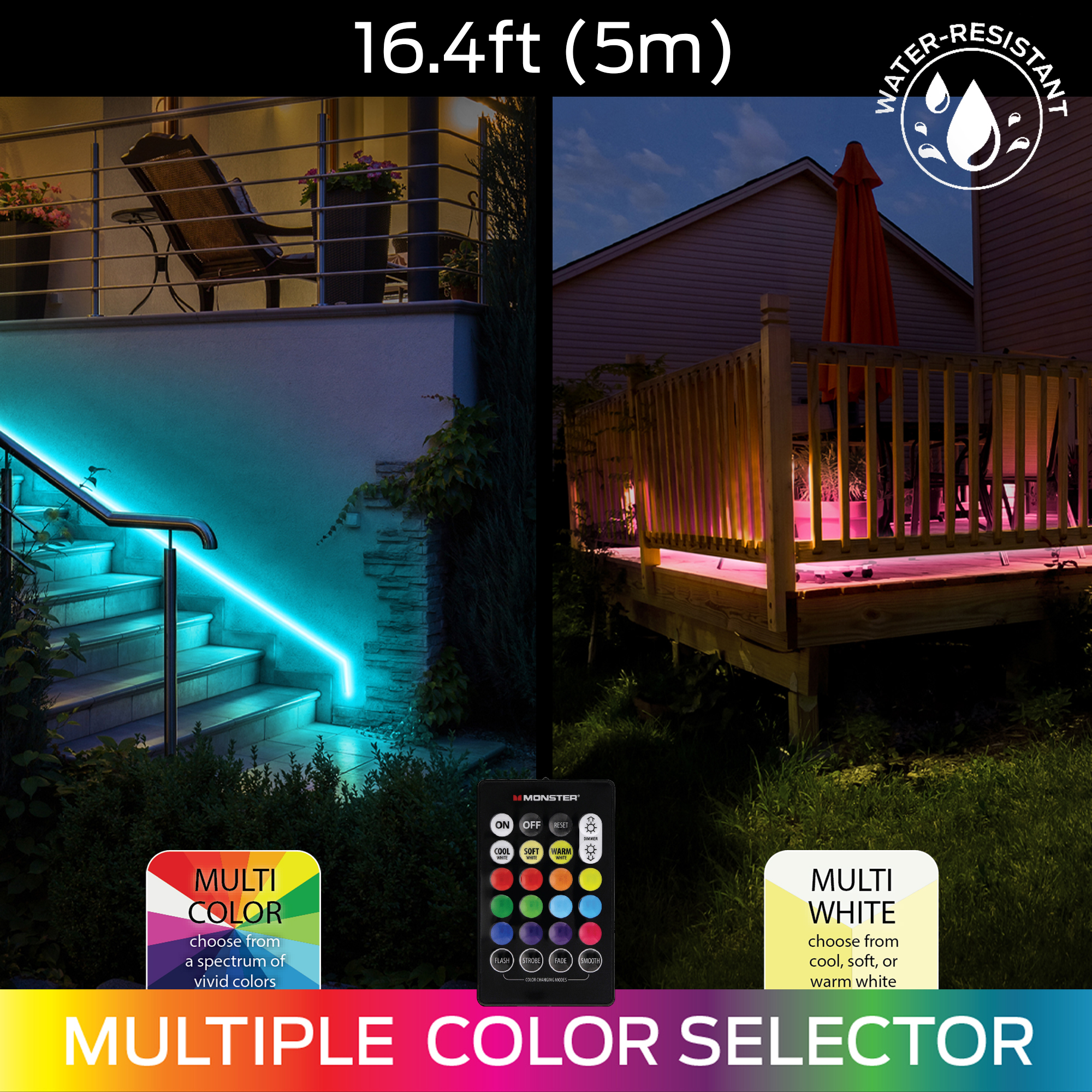 Indoor and Outdoor 16.4 ft Multi-Color Multi-White LED Light Strip, Remote Control - Monster Illuminessence