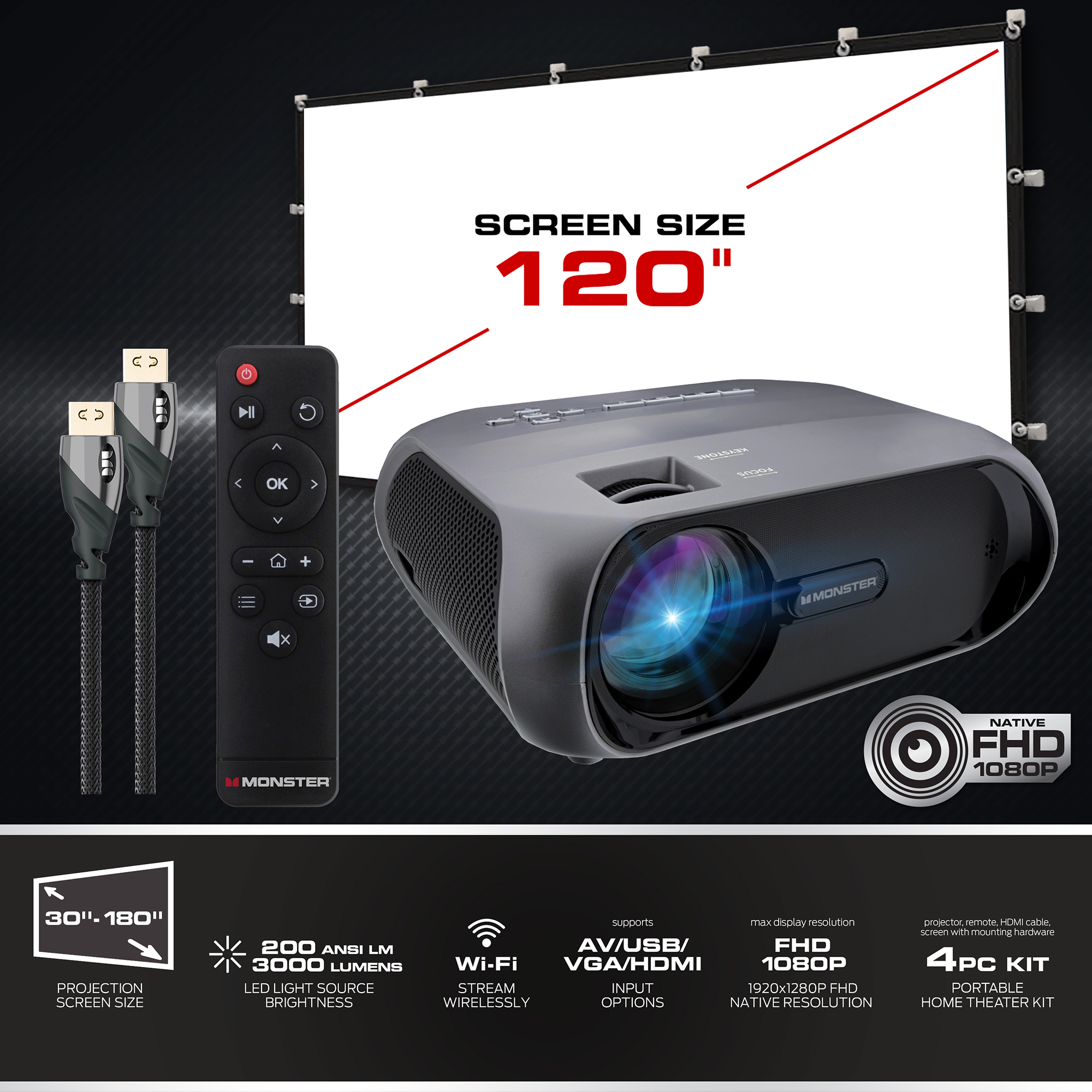 Wireless 1080P FHD TFT LCD Image Stream Projector with 120 Inch Portable  Screen, Remote Control
