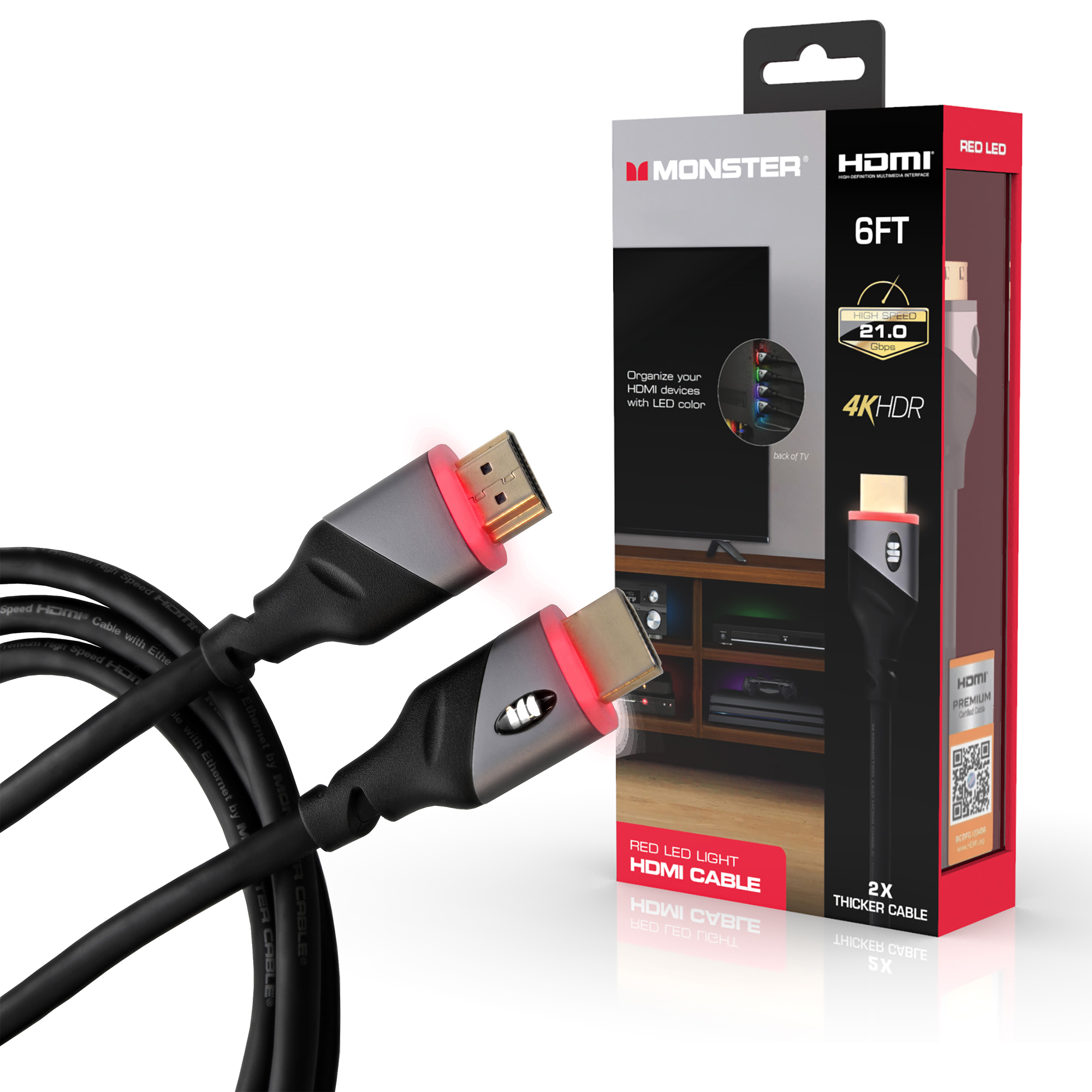 Built-in Red Light 6 ft High Speed 4K HDR HDMI Cable, Great for Gaming, Video, Computer - Monster Illuminessence