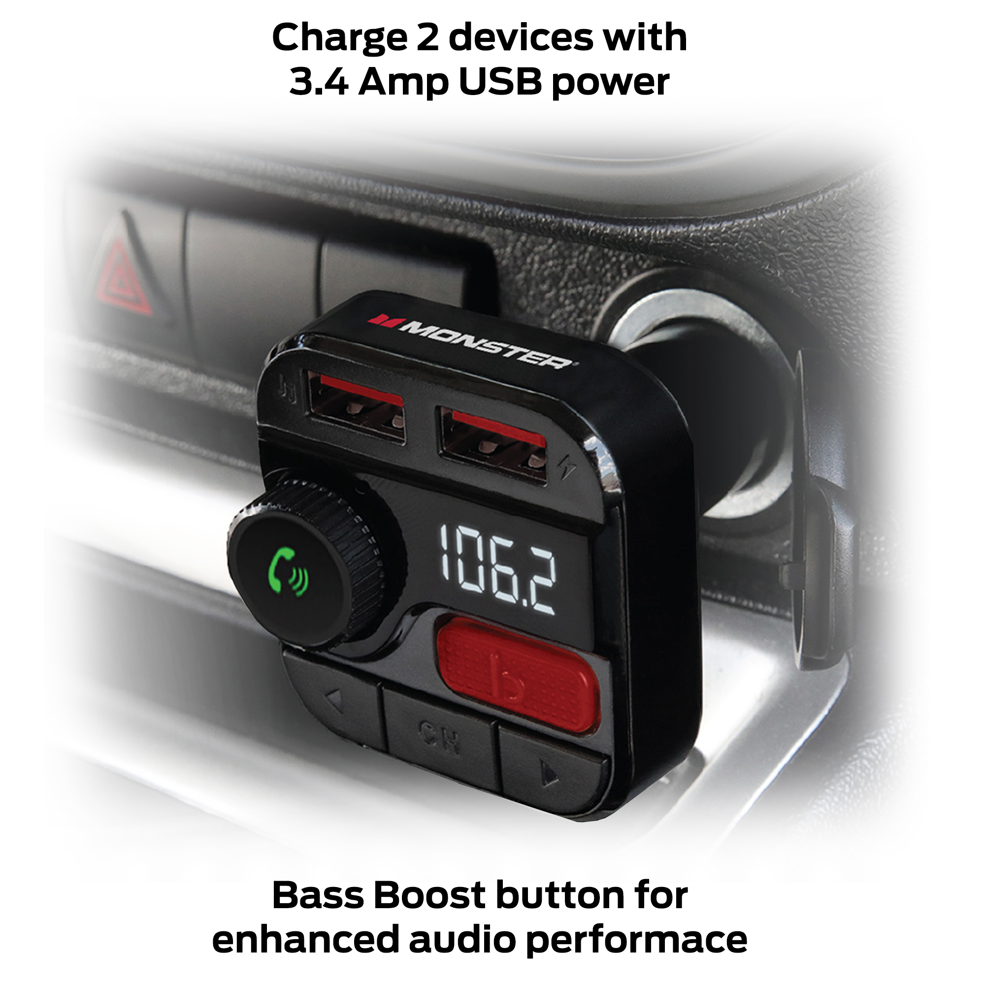 Bluetooth FM Transmitter With 3.4 Amp Charging Ports, Simultaneous