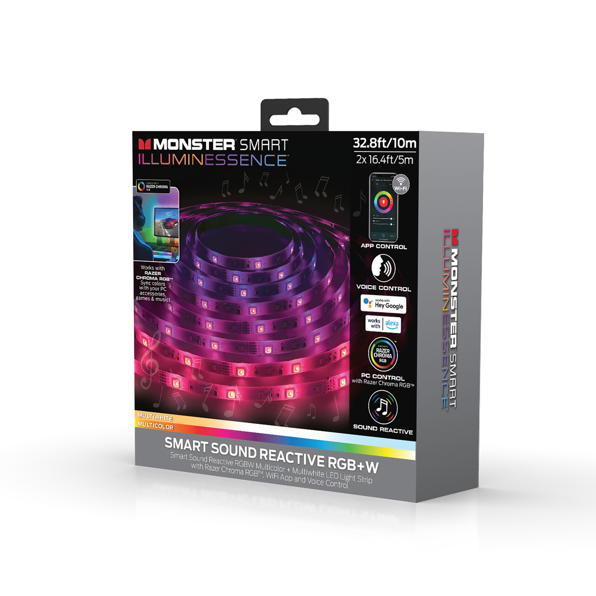 32.8ft Smart Sound Reactive Multi-color Multi-white LED Light Strip with  Mobile App Control - Monster Illuminessence